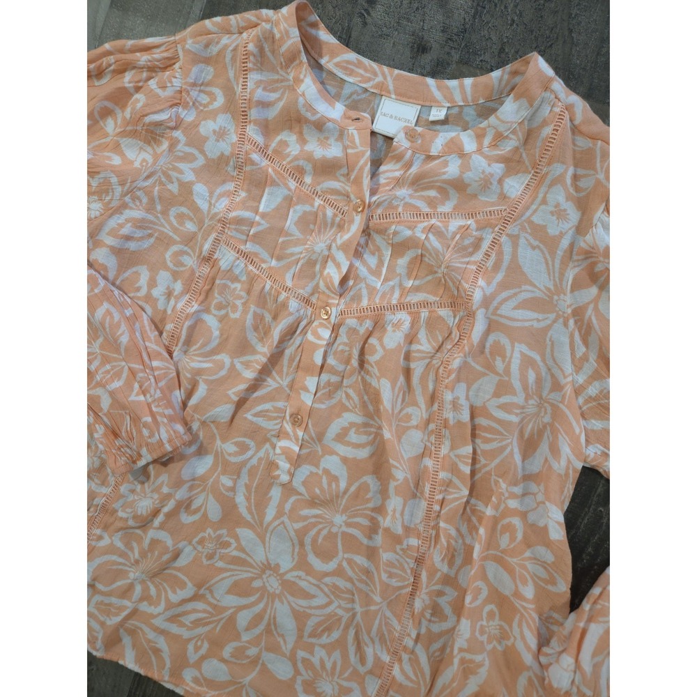 Zac & Rachel Orange Floral Boho Pintuck Blouse Henley Lace Trim Women's Size 1X